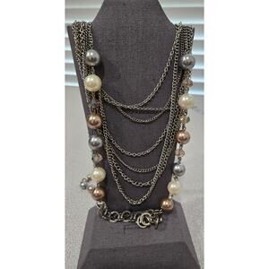 Silver Chain W/White Gray Round Beads Multi Strand Necklace